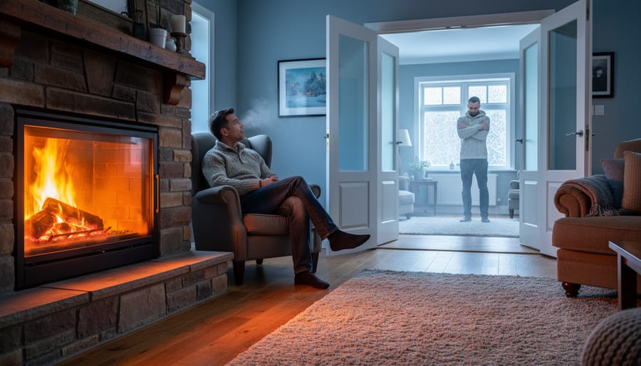 Living room with blazing fireplace showing temperature contrast with cold hallway visible through doorway