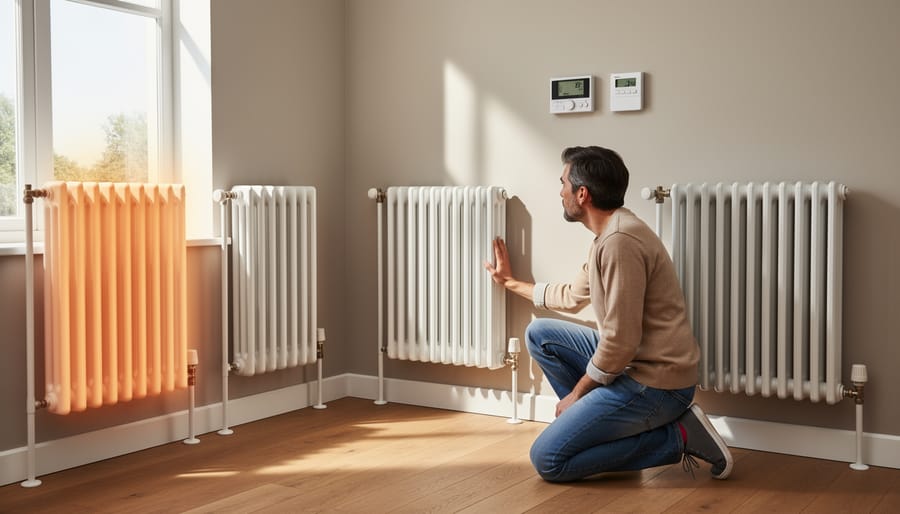 White wall-mounted radiator showing temperature variation across its surface
