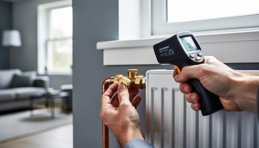 Close-up of hands adjusting a brass lockshield valve on a white radiator while aiming an infrared thermometer at the copper return pipe, softly lit by window light with a blurred living room behind.