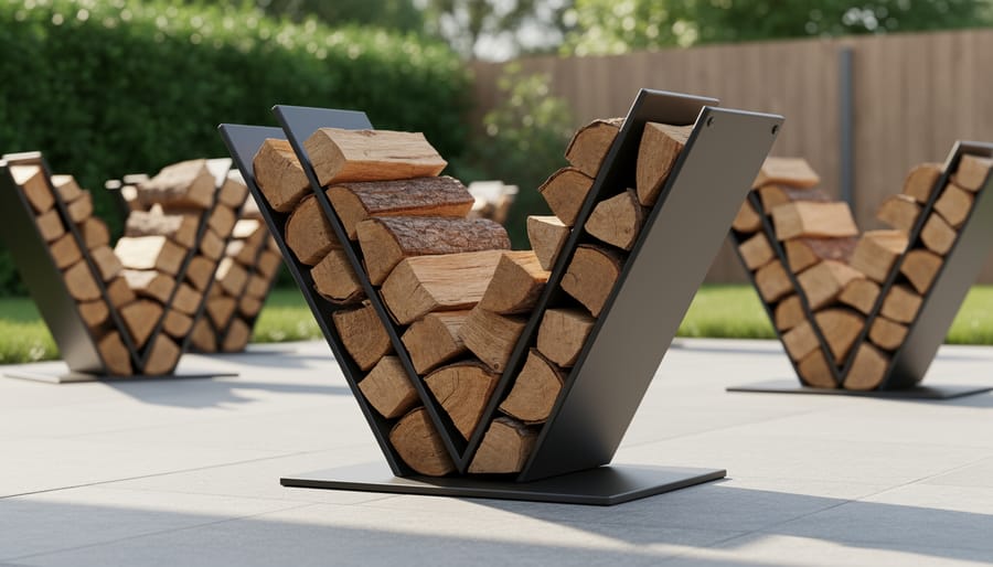 V-shaped firewood rack filled with stacked split logs showing angled design