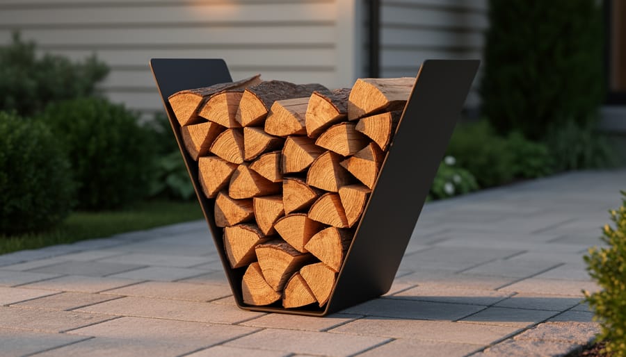 V-shaped outdoor firewood rack filled with split logs on a patio at golden hour, showing angled sides and triangular stack with home exterior and shrubs softly blurred behind