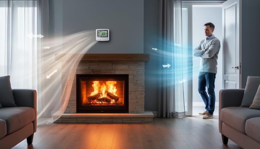 Close-up of wood-burning fireplace with active flames showing air consumption