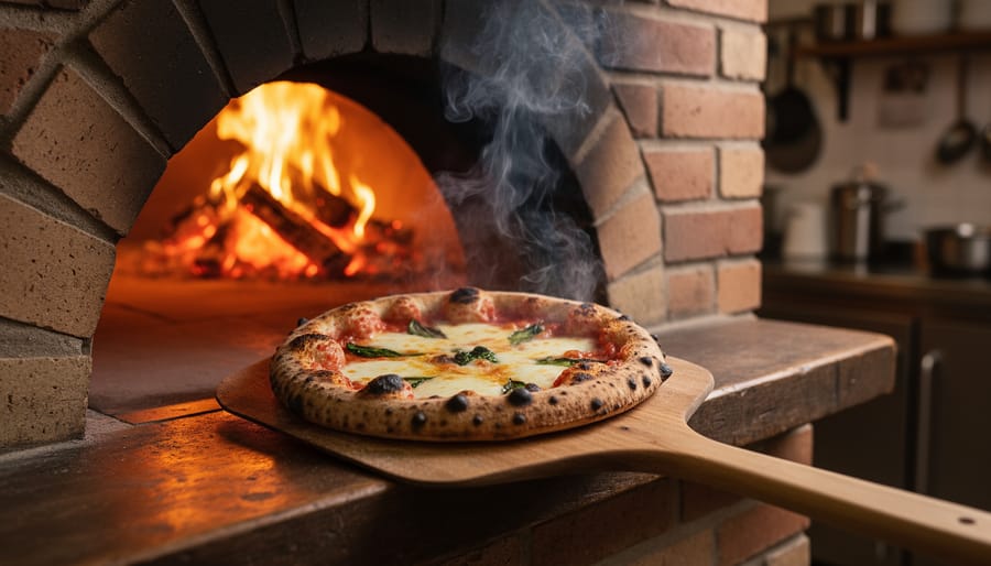 Wood-fired pizza oven with burning logs and visible flames in outdoor patio setting