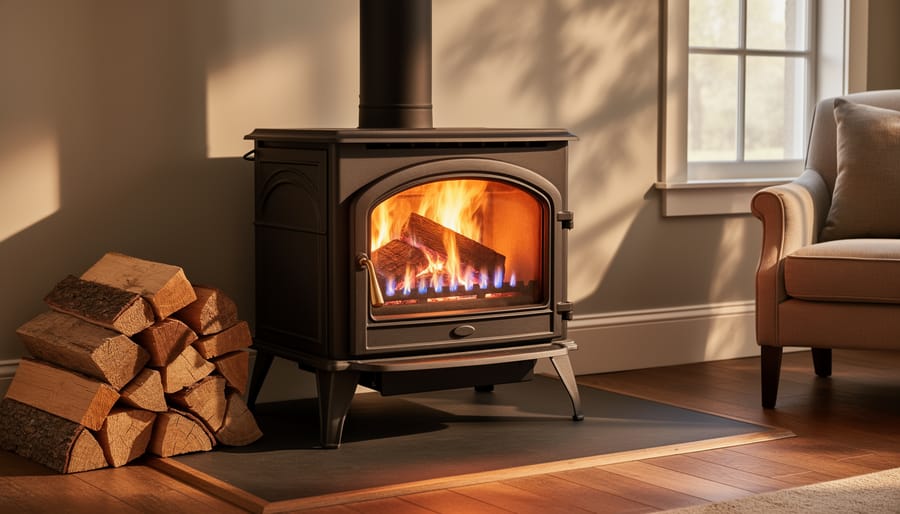 Hardwood fire burning in cast iron wood stove with visible flames