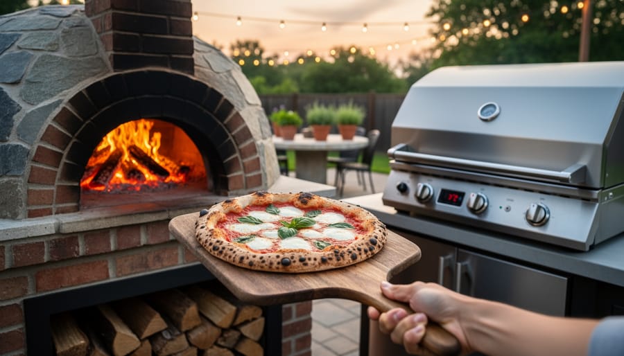 Backyard patio with a rustic dome wood-fired pizza oven blazing beside a sleek stainless steel gas pizza oven; a hand pulls a Margherita pizza on a wooden peel from the wood oven at golden hour, with soft bokeh string lights, herb planters, and stacked firewood in the background.