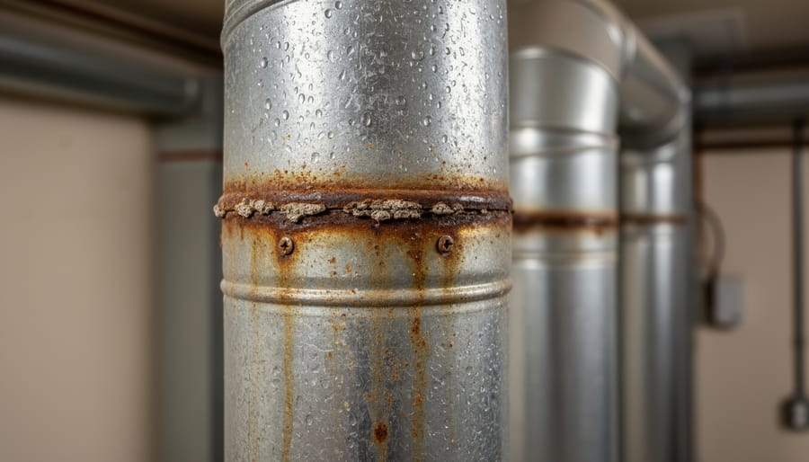 Close-up of corroded B-vent flue pipe showing rust and deterioration at joint connection