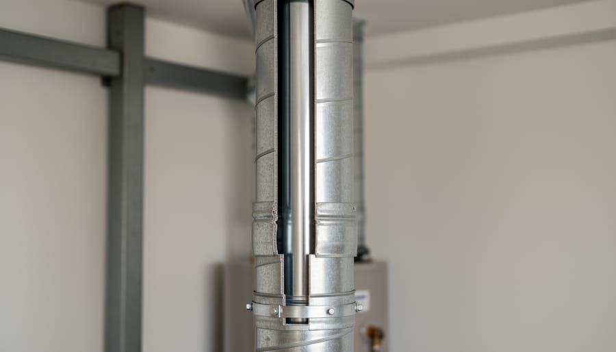 Cross-section view of double-wall B-vent flue pipe showing inner and outer metallic walls
