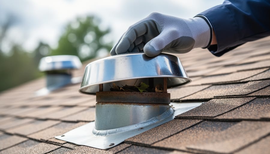 HVAC technician wearing safety gloves lifts a double-wall B-vent flue cap on a suburban home roof, inspecting for debris with light rust and condensation streaks visible on the galvanized pipe; blurred shingles, trees, and nearby vents in the background.