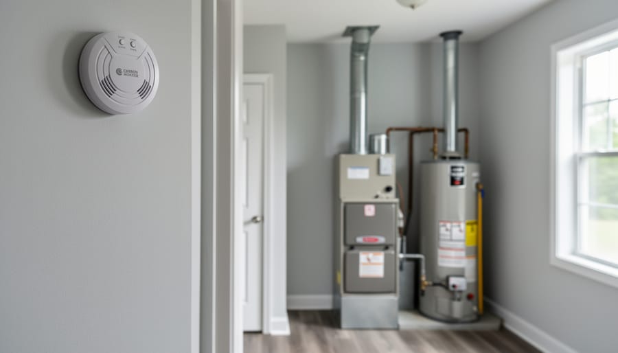 Carbon monoxide detector installed on residential wall near ceiling for safety monitoring