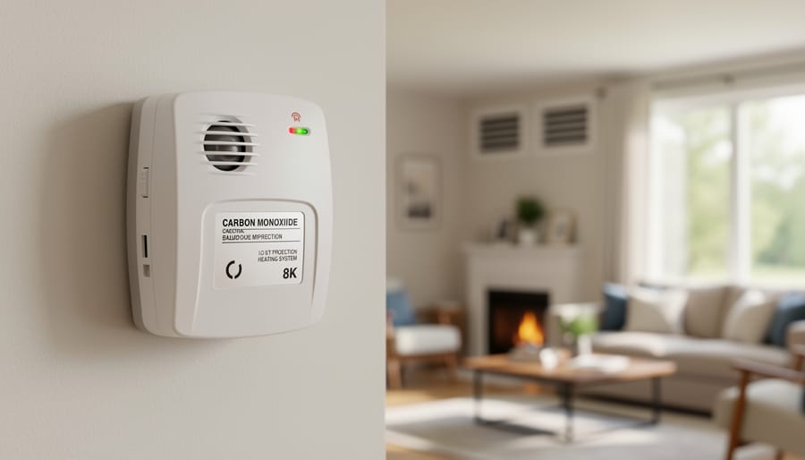 Carbon monoxide detector installed on wall for coal stove safety monitoring
