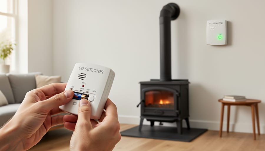 Carbon monoxide detector mounted on wall with indicator light