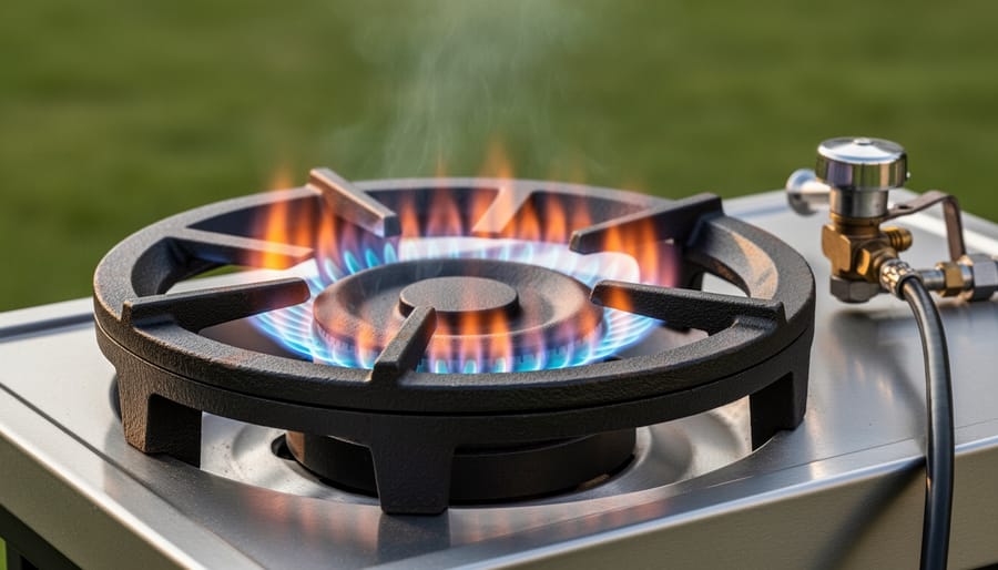 Cast iron propane stove burner with blue flames burning on outdoor kitchen surface