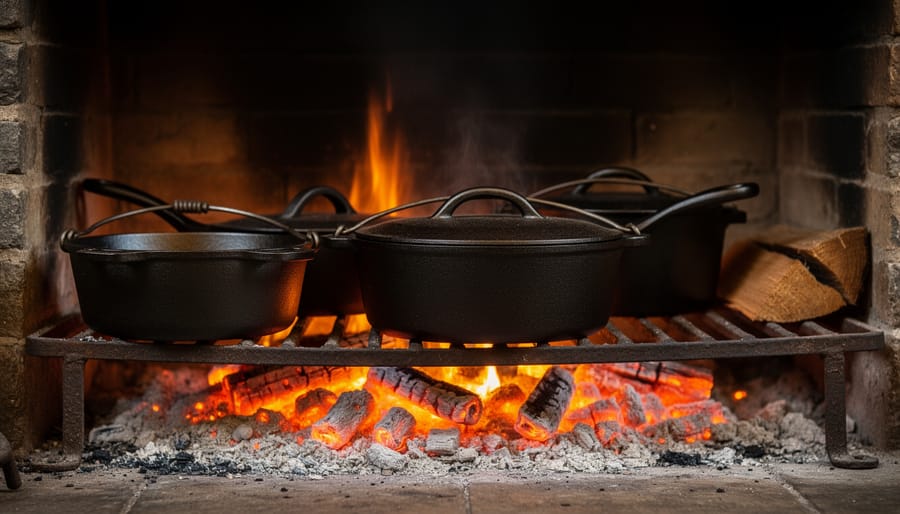 Cast iron skillet on stone hearth with glowing embers in background