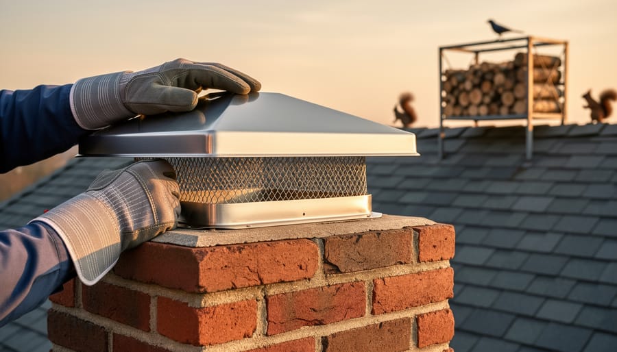 Gloved hands installing a stainless-steel mesh chimney cap on a red-brick chimney at golden hour, with a blurred roofline and elevated firewood rack in the background to suggest pest prevention around fireplaces.