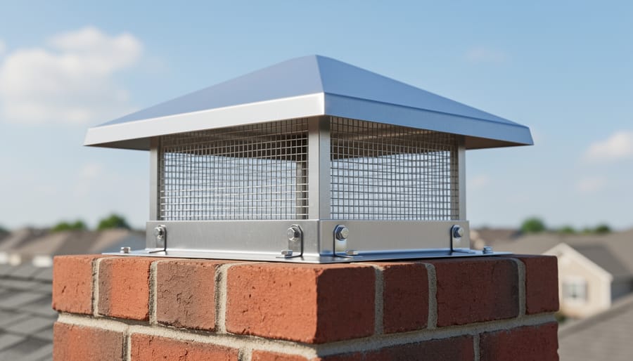 Metal chimney cap with protective wire mesh installed on brick chimney