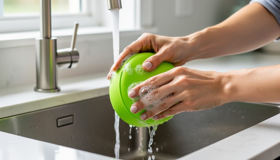 W&P popcorn popper being hand washed with soap and water in kitchen sink
