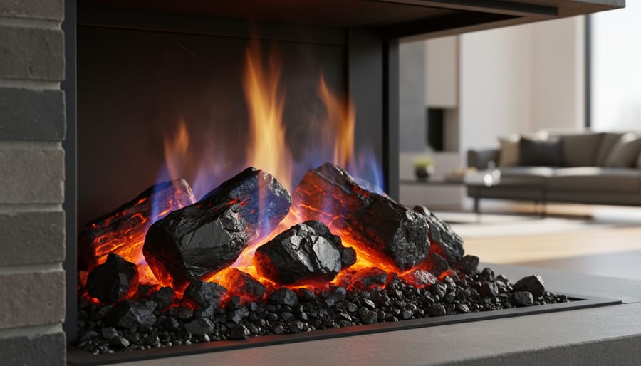 Close-up of anthracite coal burning inside coal stove firebox