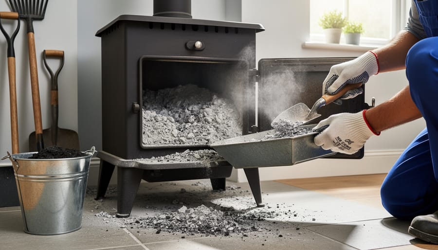 Gloved hands removing ash from coal stove with metal shovel