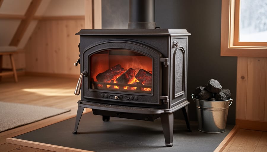 Coal stove with glowing embers visible through grate in home interior