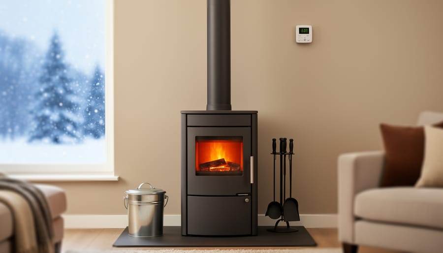 Modern freestanding coal stove burning warmly in a neat living room, flue pipe rising to the ceiling, with a carbon monoxide detector on the wall and a lidded ash bucket and hearth tools softly blurred; snow visible through a side window.