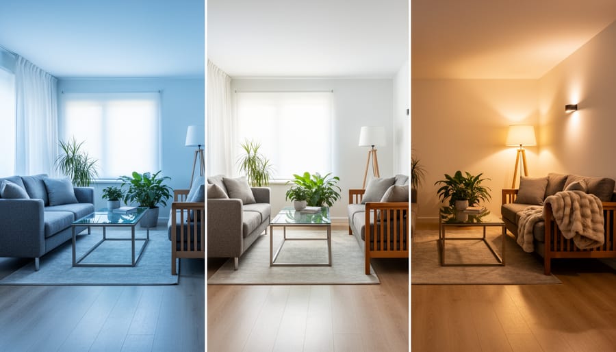 Three LED bulbs displaying different color temperatures from cool to warm white
