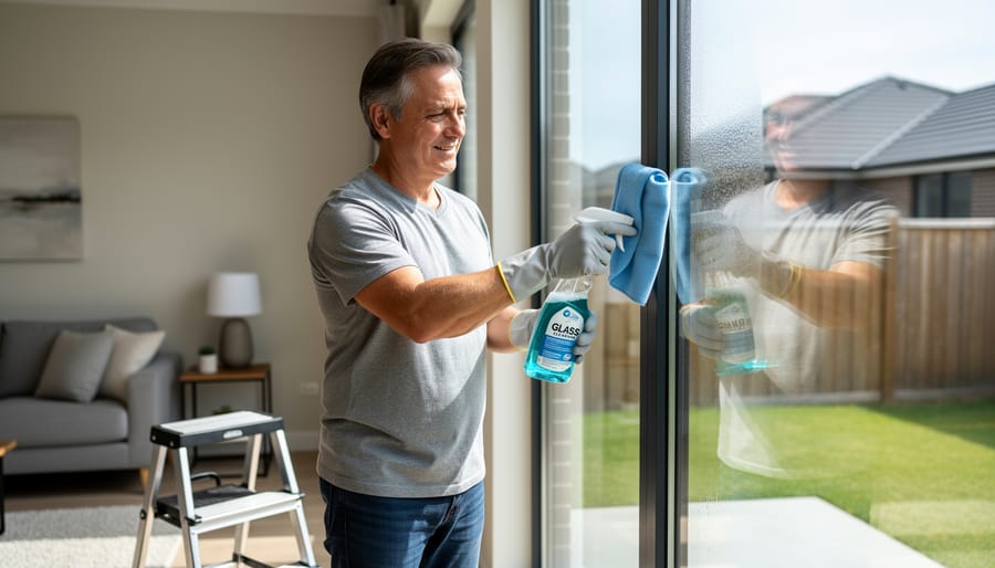 Homeowner cleaning gas fireplace glass door with microfiber cloth