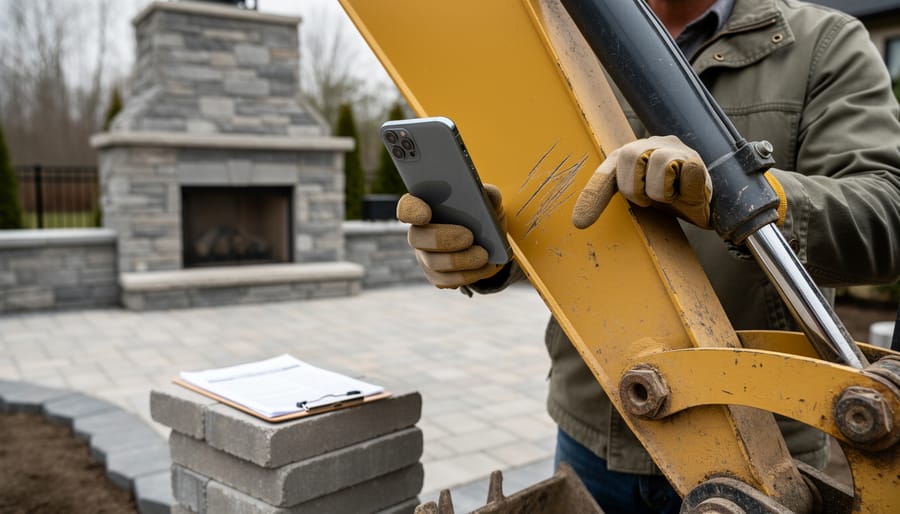 Homeowner wearing work gloves takes a smartphone photo of a scratch on a yellow mini excavator at a backyard site with a half-built stone fireplace and stacked pavers; blurred clipboard with rental paperwork in the background under overcast daylight.