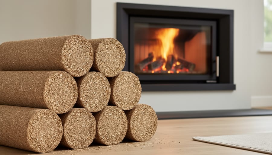 Stack of compressed sawdust eco-friendly fire logs next to burning fireplace