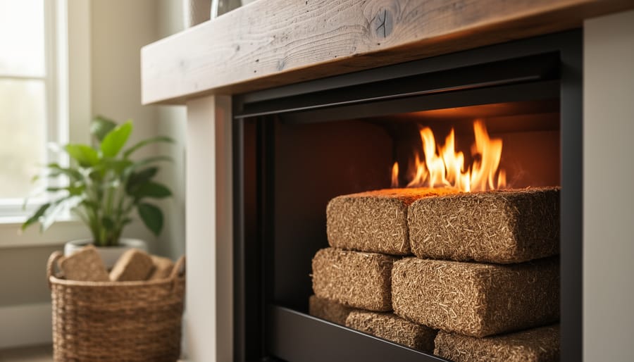 Eco-friendly compressed sawdust logs burning with clean flames in a modern wood-burning fireplace, with a basket of similar logs, a potted plant, and a reclaimed-wood mantel softly blurred behind.