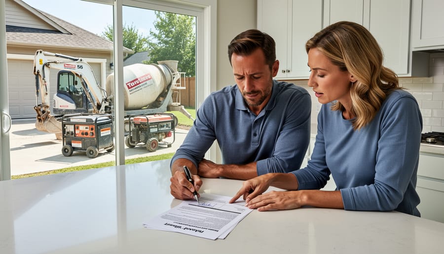Rental contract document with pen, mini excavator model, and hard hat on desk