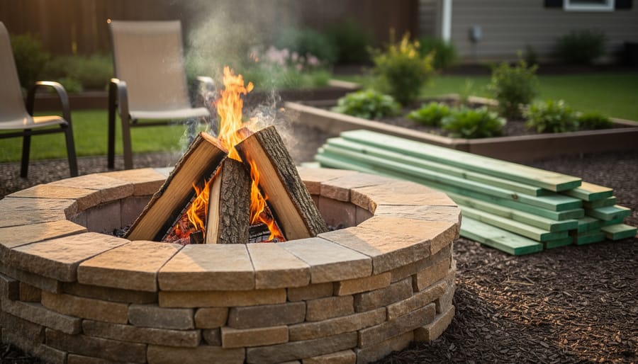 Backyard stone fire pit burning clean hardwood logs in sharp focus, with a separate pile of green-tinted pressure-treated 2x4s set aside in the blurred background, warm golden-hour light, patio chairs and garden softly out of focus.