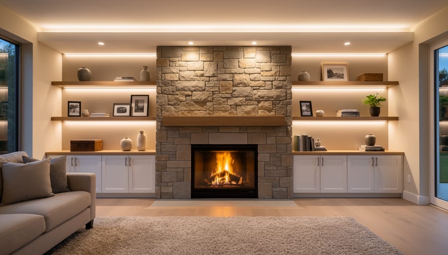 Fireplace with complementary wall sconces and floor lighting creating layered ambient warmth