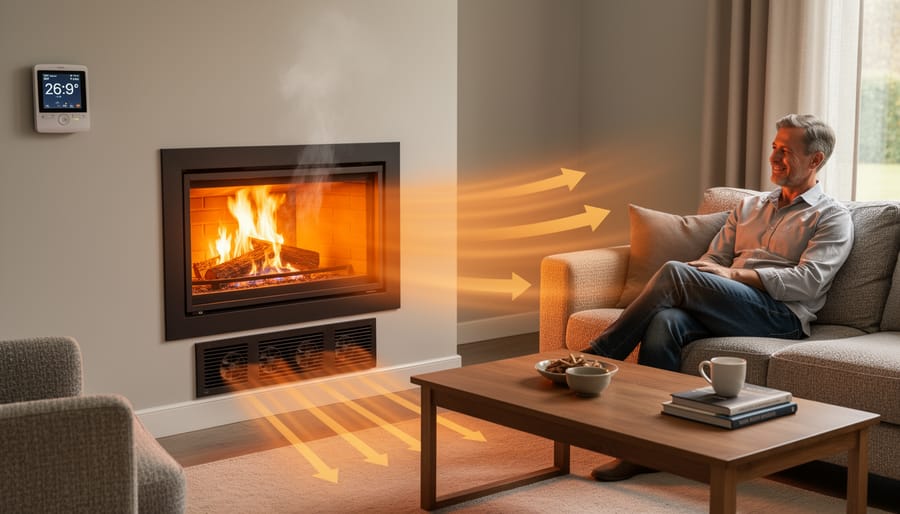 Gas fireplace blower vent with warm air circulation at base of unit