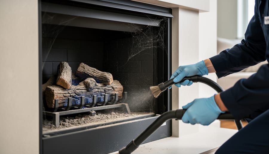 Close-up of gas fireplace burner assembly showing dust and debris buildup