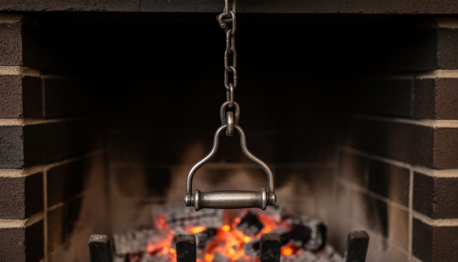 Close-up of fireplace damper handle and chain mechanism inside chimney opening