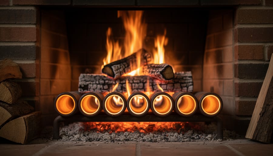 Close-up of a wood-burning fireplace showing steel grate tubes beneath the logs, glowing from heat with flames above, and a softly blurred brick surround and living room details in the background.