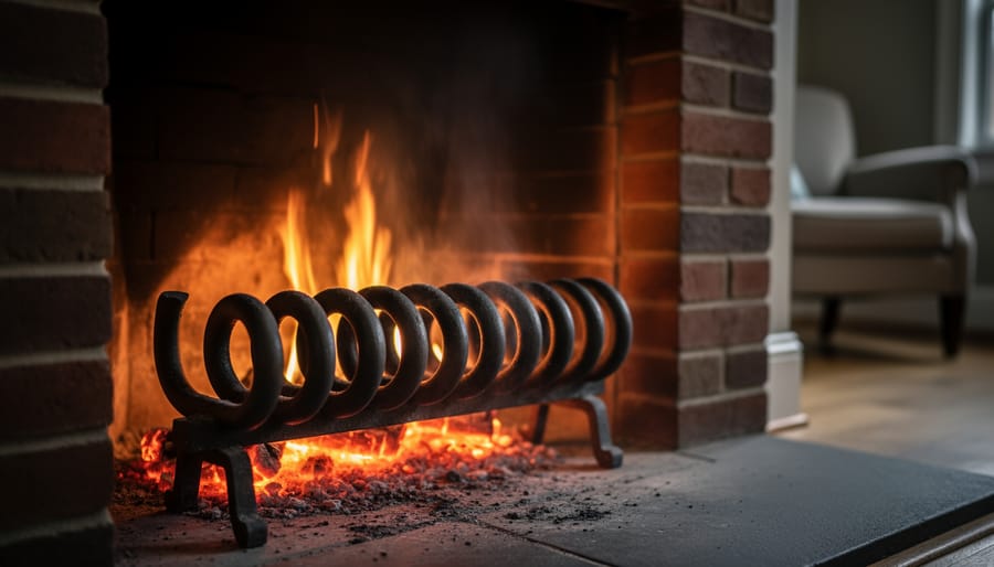Fireplace grate with heat circulation tubes installed among burning logs