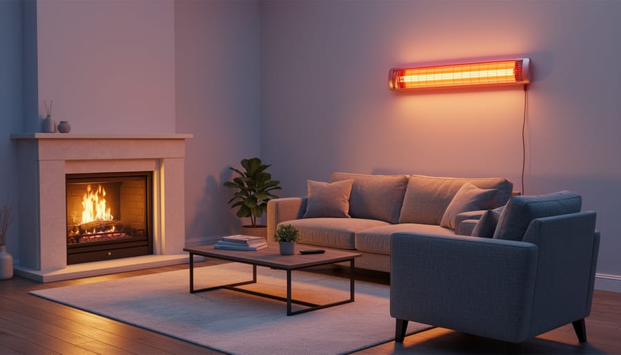 Living room showing traditional fireplace and modern infrared heater working together