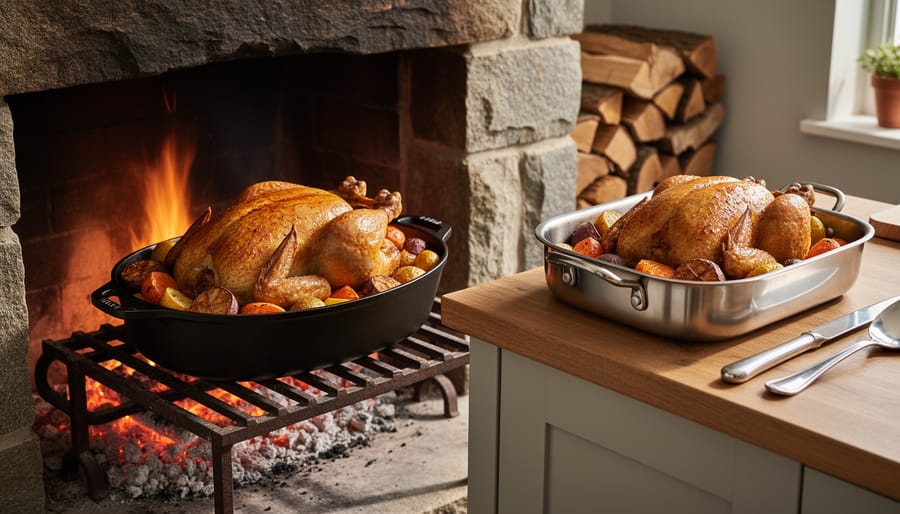 Roasted chicken and vegetables in Dutch oven cooking over fireplace coals