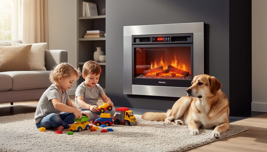 Child and pet sitting safely near quartz infrared fireplace with cool-touch safety features