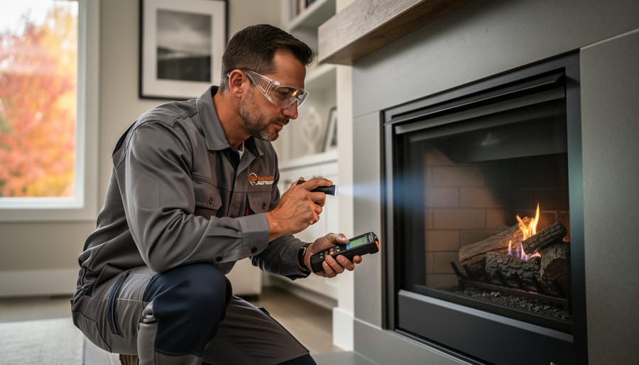 Technician kneels beside an open modern gas fireplace, examining the burner and pilot assembly with a flashlight and gas leak detector in a bright living room with autumn foliage visible outside.