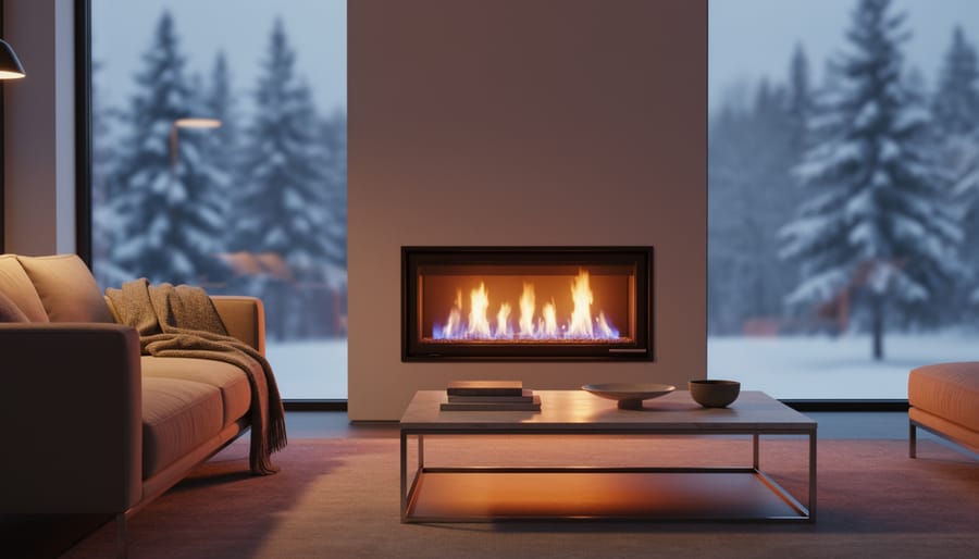 Modern living room with a glass-front gas fireplace glowing with blue-orange flames, warm light on a sofa and coffee table, and snowy trees visible through a window in the softly blurred background.