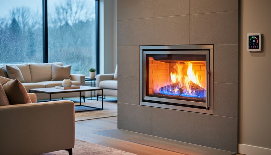 Modern gas fireplace burning in contemporary living room with comfortable seating