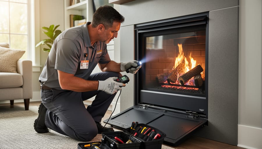 Professional technician inspecting gas fireplace components during annual service visit