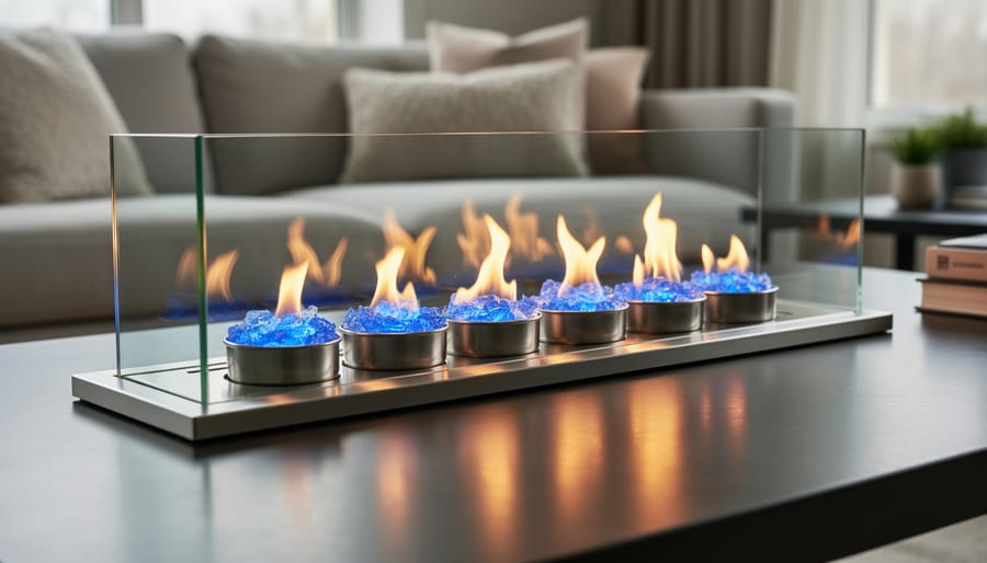 Gel fuel burning with blue and orange flames inside an indoor fireplace