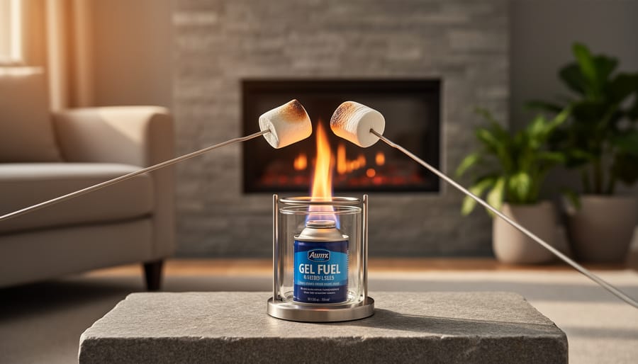 Ventless indoor fireplace with a clean-burning gel fuel canister in a heat-resistant holder, blue-orange flame, marshmallows toasting on metal skewers above, with a softly blurred cozy living room in the background.