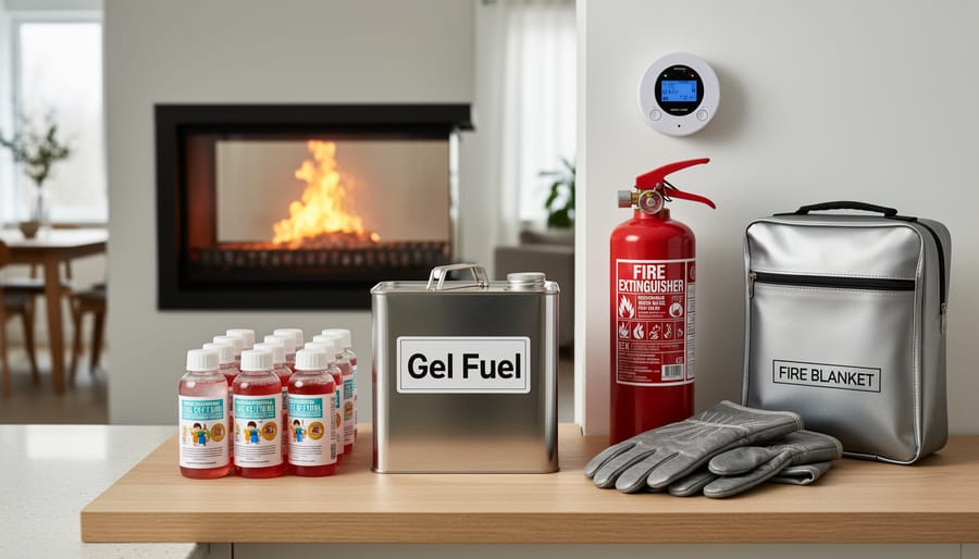Gel fuel canisters displayed with safety equipment including fire extinguisher
