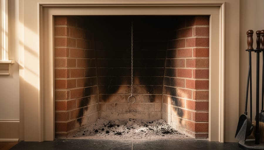 Empty wood-burning fireplace interior with reddish firebrick, a metal damper chain, and visible ash and soot, with no gas logs or burners present.