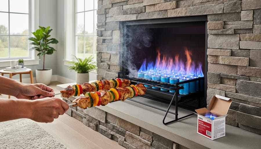 Food being grilled on indoor fireplace using gel fuel with visible flames