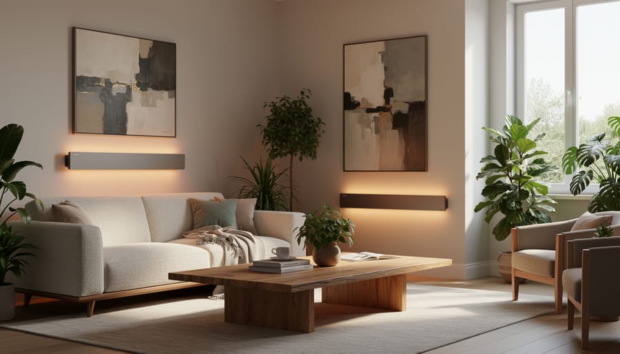 Wall-mounted infrared heater panel glowing warmly in contemporary living room setting
